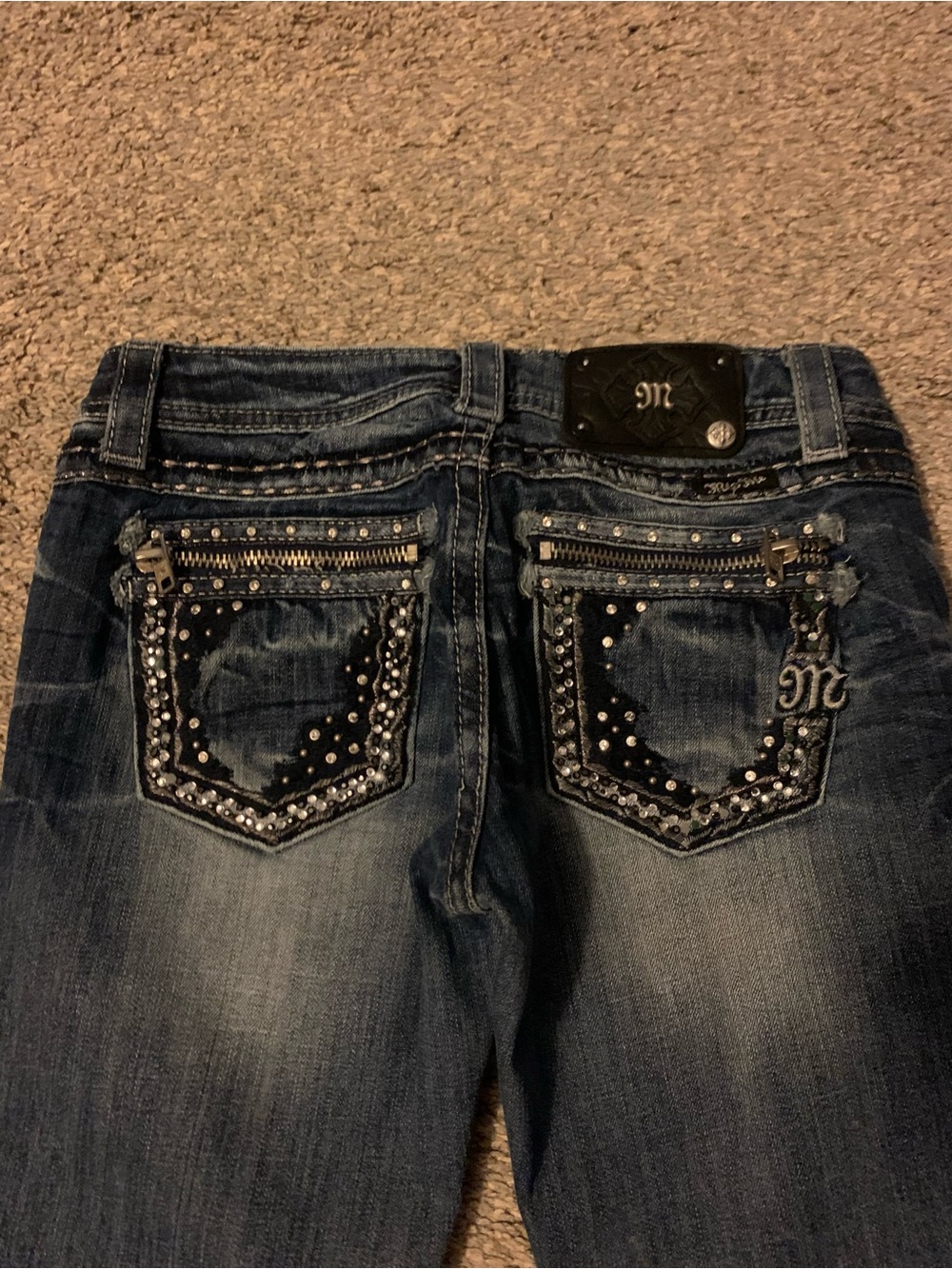 Miss Me Dark Blue Studded Bootcut Jeans with Back Zipper Pockets